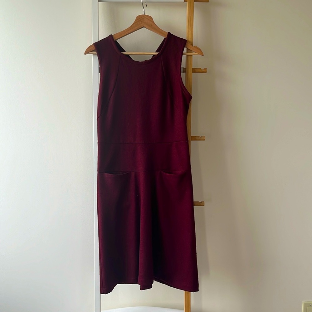 Boutique burgundy wool A-line dress, perfect for office or cocktail occasion